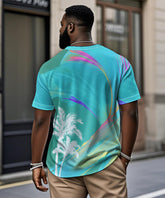 Men's Plus Size Daily Casual Blue Gradient Coconut Tree Print Henry Collar Button Short Sleeve T-Shirt